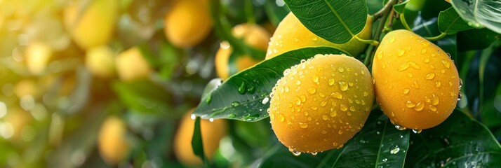 Fresh mango fruit with water drops on tree  macro shot as wide banner with copy space