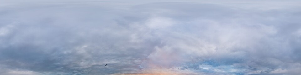 Dramatic overcast sky panorama with dark gloomy Cumulonimbus clouds. HDR 360 seamless spherical panorama. Sky dome in 3D, sky replacement for aerial drone panoramas. Climate and weather change.