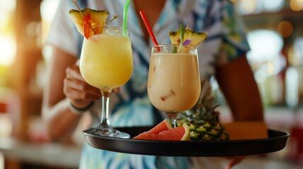 two cooling delicious tropical smoothie drinks on a fruit tray. hotel service for an unforgettable happy holiday and relaxation on vacation for visitors