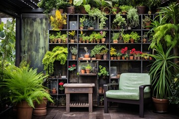 Fototapeta na wymiar Repurposed Materials: Lush Vertical Garden Patio Designs for an Eco-Friendly Oasis