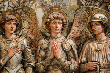 Obraz premium Angels and Knights Renaissance Art. Generated Image. A digital rendering of Renaissance art featuring the theme of angels and knights.