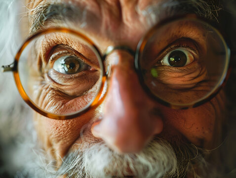 The wisdom and curiosity of an elderly man's eyes magnified through the lenses of his glasses.