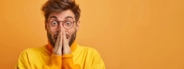 A man in a yellow sweater is looking at the camera with his hands clasped together. He is surprised or shocked. photo shocked bearded man recieves unexpected news from friend, clasps hands near face - obrazy, fototapety, plakaty