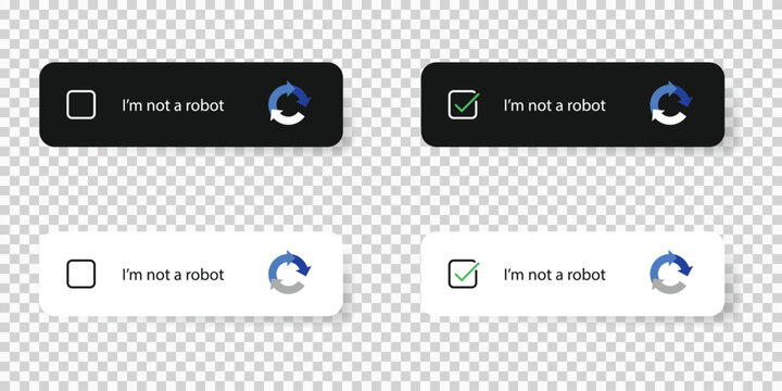 I'm not a robot captcha button set. Dark and white buttons. Website security form. Vector EPS 10