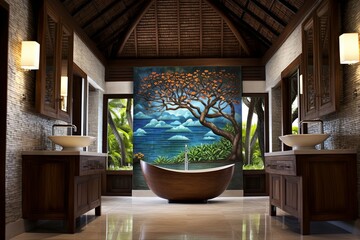 Statement Artwork: Luxurious Balinese Resort Bathroom Ideas in Authentic Balinese Style - obrazy, fototapety, plakaty