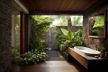 Luxurious Balinese Resort Bathroom Ideas: Wooden Shutters, Privacy Oasis - obrazy, fototapety, plakaty