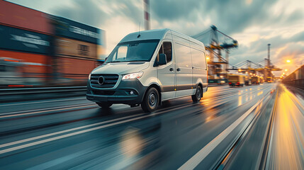 A white cargo van driving on highway in silver color, motion blur background of a shipping port....