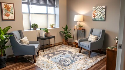 Warm and Welcoming Therapy Office with Comfortable Furnishings for Relaxation and Counseling Sessions