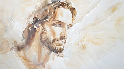A Majestic Watercolor Portrait of the Serene and Compassionate Christ Illuminated in Ethereal Light,Watercolor Biblical Illustration