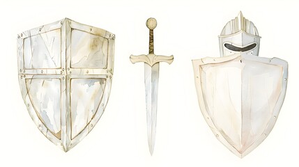Minimalist Watercolor of Protective Shield Sword and Helmet Representing Strength and Empowerment