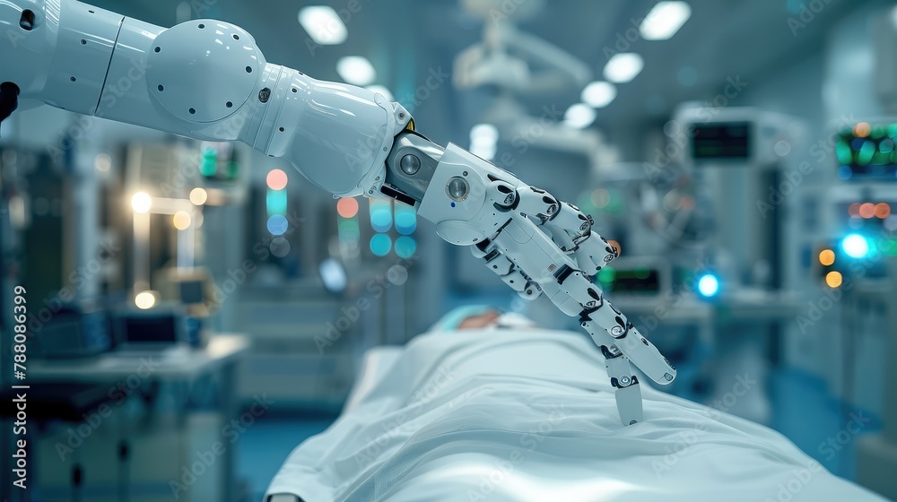 Poster A robotic arm operating on a patient in the modern hospital, focus of the robot hand and surgical tools with lights and medical equipment for catheter ablation in the background. Generative AI.