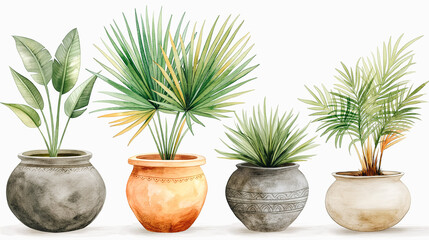 Four potted plants with different shapes and sizes are arranged in a row