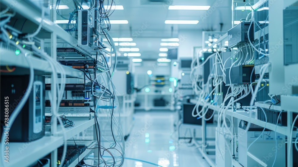 Aufkleber hight tech white sterile it calibration laboratory, fiber optic cables, computers, servers and serve