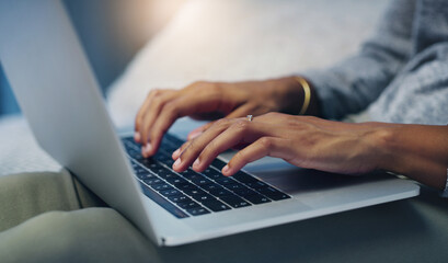 Writer, house or hands of person on laptop for networking on email or online research in remote work. Typing closeup, communication or editor copywriting on blog website, feedback or internet article - obrazy, fototapety, plakaty