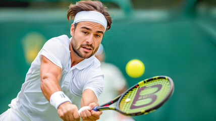 Male Tennis Player Hitting Ball with Racket