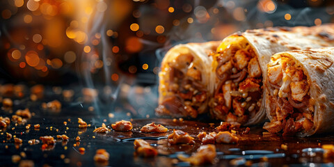 Delicious Mexican burritos with smoke on a dark background concept for spicy food menu - obrazy, fototapety, plakaty