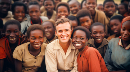 White smiling man teaching African happy children in school class.