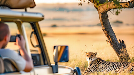Tourist Photographing Cheetah on Safari