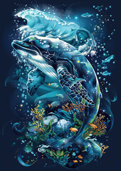 Vibrant Marine Life Illustration with Sea Turtle, Whale and Dolphin
