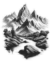 Monochromatic Mountain Scene with River and Pine Trees