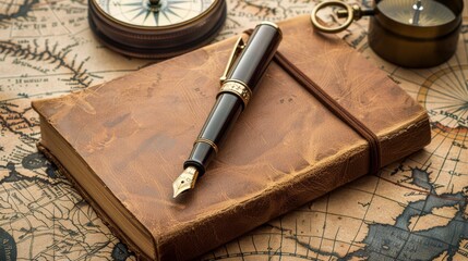 Above view of a vintage blank notebook with a fountain pen.