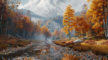 Autumn forest, mountain. Generative AI.