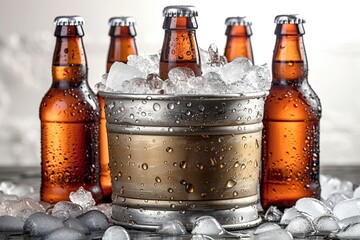 Assorted beer bottles and containers with ice on a white background are ideal for a refreshing drink. - obrazy, fototapety, plakaty