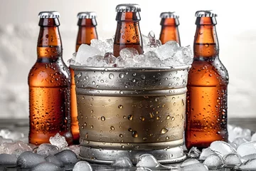 Foto op Canvas Assorted beer bottles and containers with ice on a white background are ideal for a refreshing drink. © Iryna