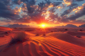 Foto op Plexiglas anti-reflex Panoramic view of the desert at sunset with golden sand dunes stretching to the horizon under blue and orange skies. © Iryna