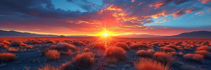 A serene sunset paints the sky over the vast grassy desert landscape.