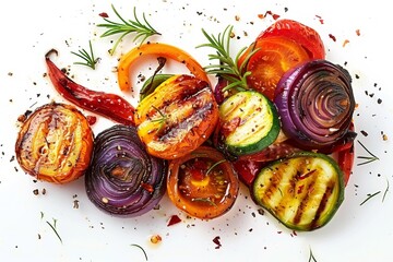 A delicious vegetarian grilled dish with a colorful assortment of grilled vegetables on a white background.