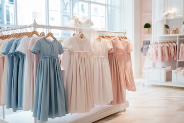 The stylish collection of dresses in pastel colors presented in the boutique's showroom offers a wide range of options for fashionable shoppers.