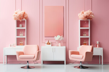 Contemporary salon interior design with modern furniture, hot pink accents and a cozy atmosphere.