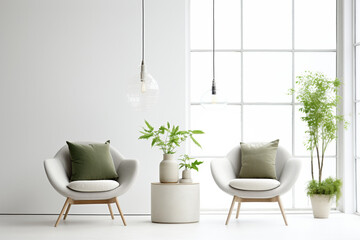 Modern minimalist living room interior with white walls, green accents and cozy furniture.