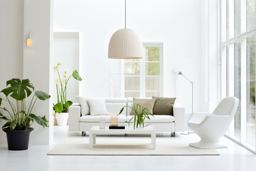 Contemporary white interior with modern furniture, bright atmosphere and elegant Scandinavian touches.