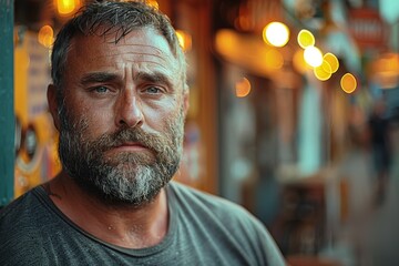 Obraz premium A sweaty man with a weary expression looks into the distance, depicting exhaustion and real-life struggle