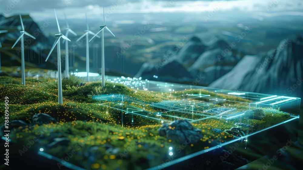 Poster table with holographic wind farm site on hillside, ultra-transparent wind farm, glowing 3d objects, 