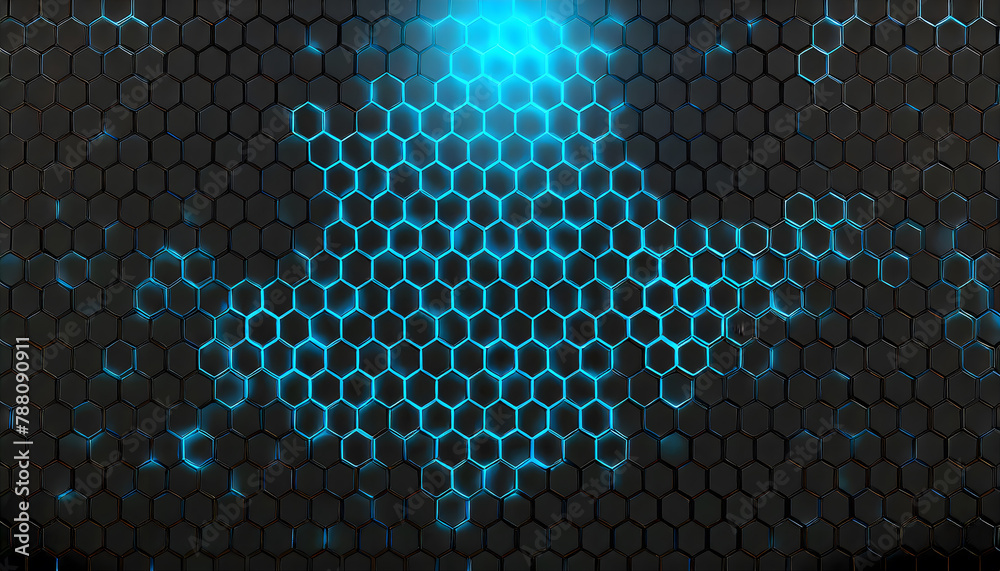 Poster black background with blue neon hexagon grid. glowing hex background. generative ai.