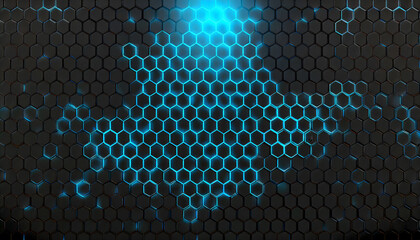 Black background with blue neon hexagon grid. Glowing hex background. Generative AI.