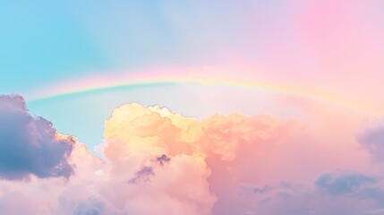 Fototapeta na wymiar rainbow in the sky fluffy shining clouds , cotton, pink purple pastel colors