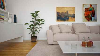 Room with sofa, modern, minimal environment, 3d rendering, 3d illustration