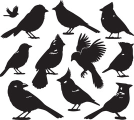 Set of sharp and realistic black sparrow bird silhouettes
