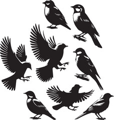 Set of sharp and realistic black sparrow bird silhouettes