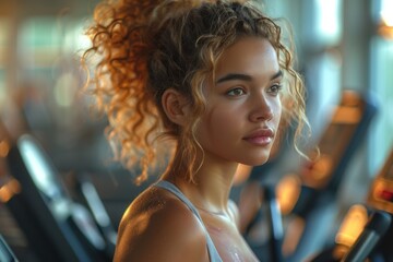 A natural-looking woman with curly hair bathed in warm sunlight at a gym