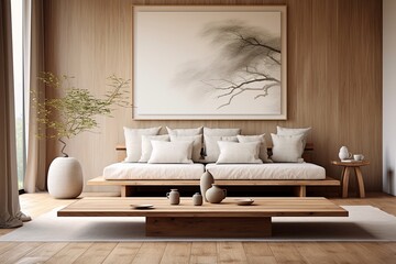 Fototapeta na wymiar Minimalist Japanese Living Room: Serene Artwork and Natural Materials