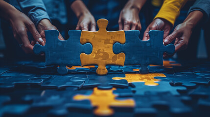 A compelling close-up image capturing the decisive moment as hands of diverse individuals place the final piece into a puzzle, symbolizing teamwork and collective success. - obrazy, fototapety, plakaty