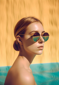 Portrait of a young woman with sunglasses at the pool.	