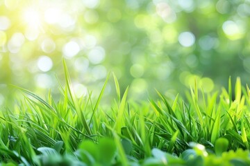 Fototapeta premium Defocused sunny spring meadow blur with blue sky to green grass gradient bokeh background