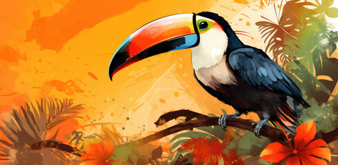Naklejka premium A striking toucan with a colorful beak perched on a branch, surrounded by tropical foliage and vibrant orange flowers, set against a fiery orange backdrop.