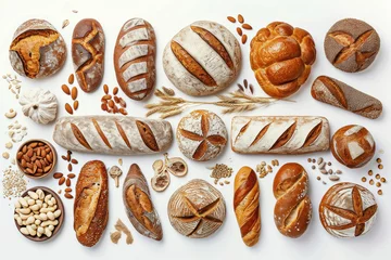  Assorted types of bread and baked goods displayed on white background, top view, bakery concept © SHOTPRIME STUDIO